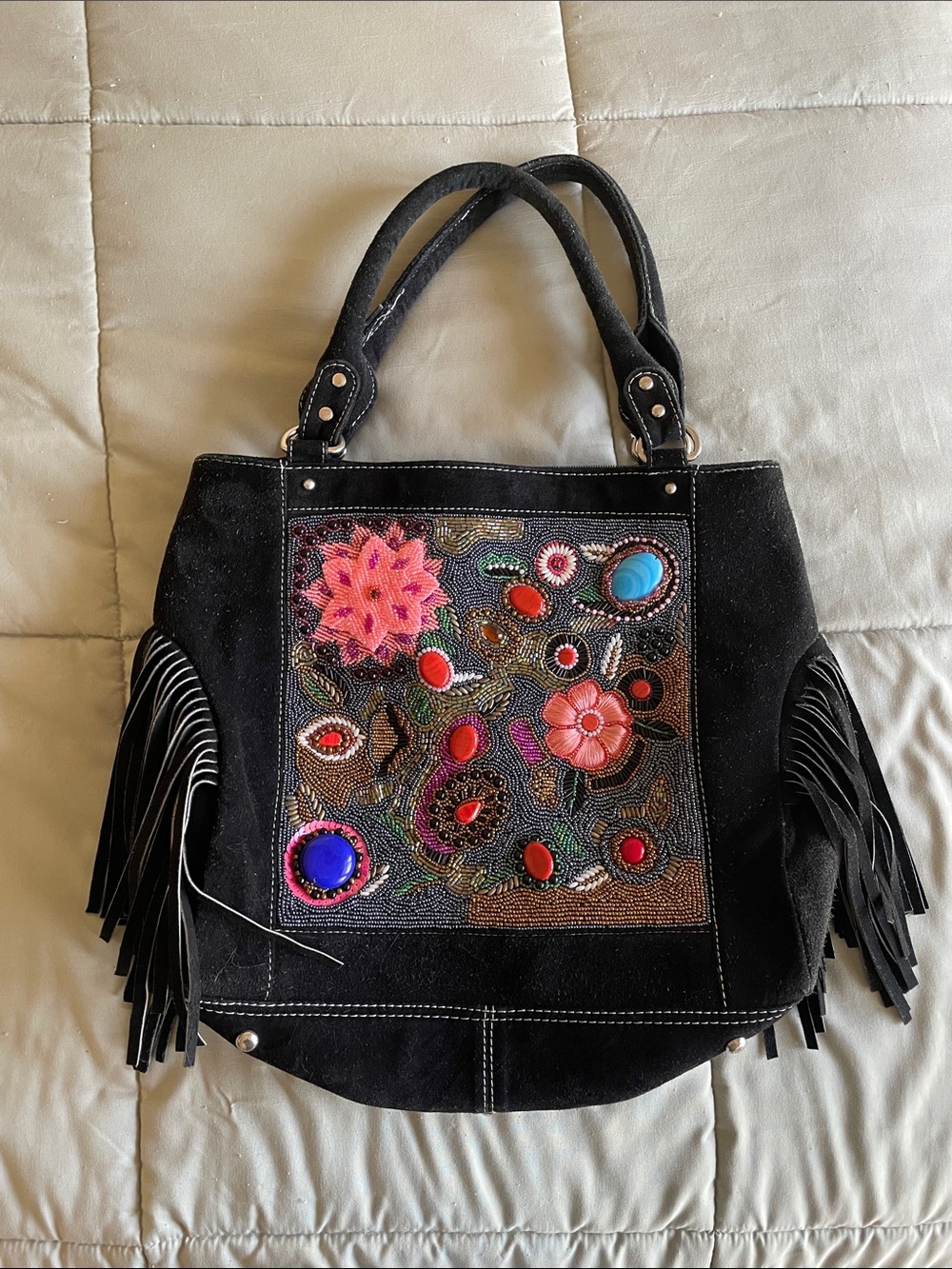 Vintage Addiction Beaded Floral Suede Leather Fringe Tote Bag Black / Multicolor